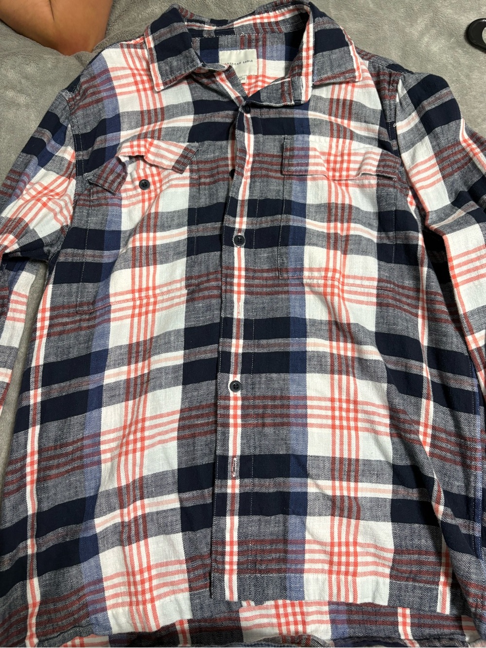 American Eagle Outfitters Navy, White & Red Plaid Button-Down Shirt